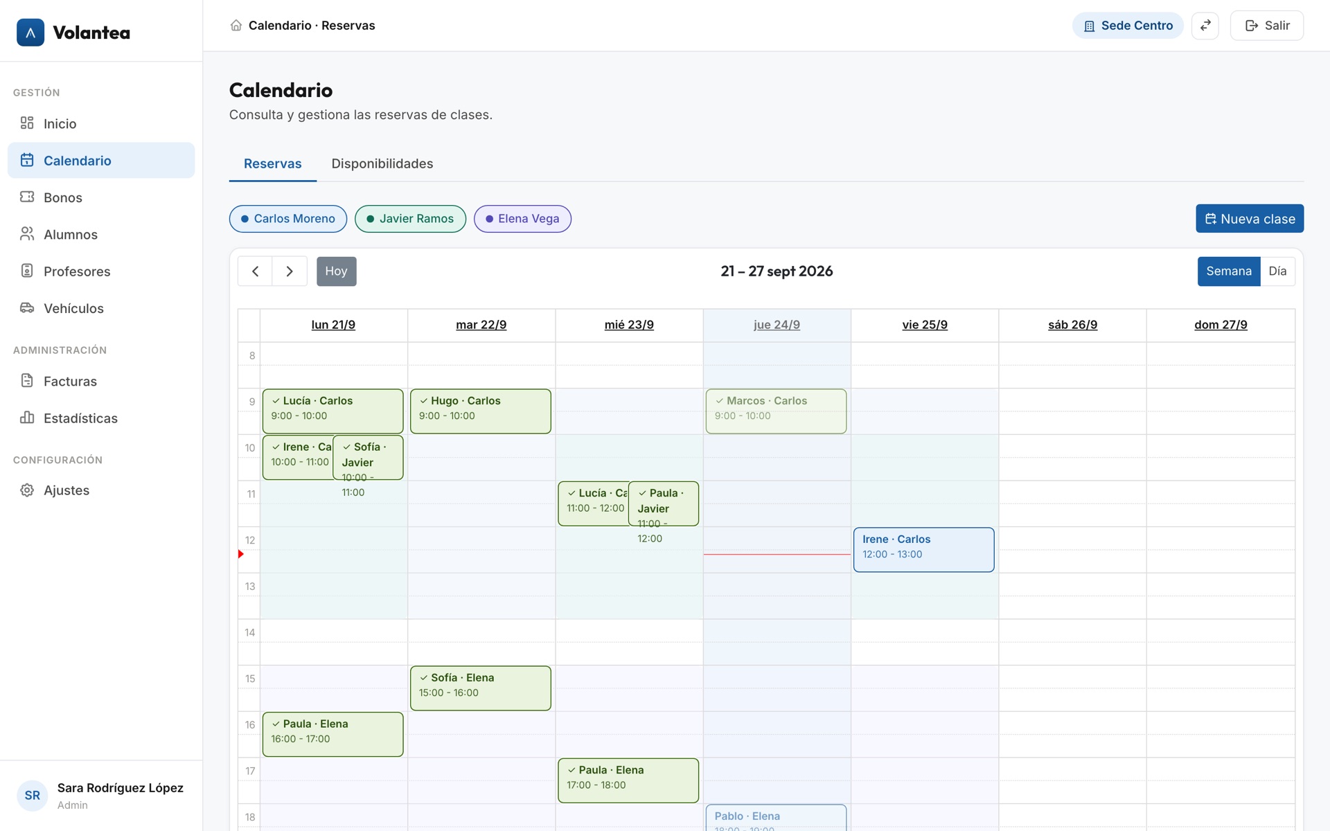 Calendario de clases en el panel de Volantea